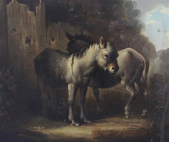 After George Morland (1763-1804) Donkeys beside a fence 9.5 x 11.25in.